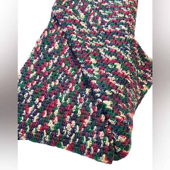 Vintage Afghan Throw Knitted Blanket 60" x 60" Full Dark Blue Green Burgundy - Picture 2 of 5